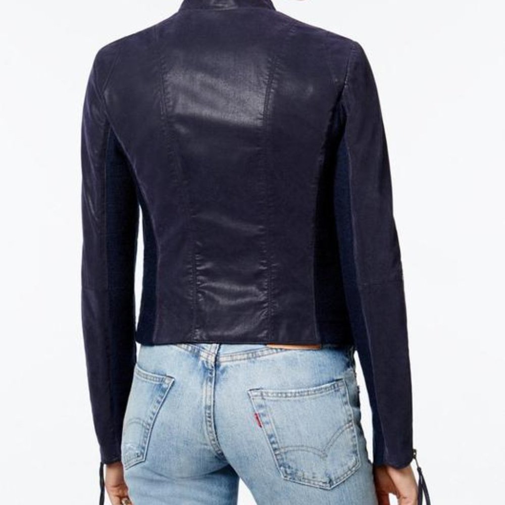 Free People Blue Navy Cool & Clean Motorcycle Jacket Size 10 runs like size M